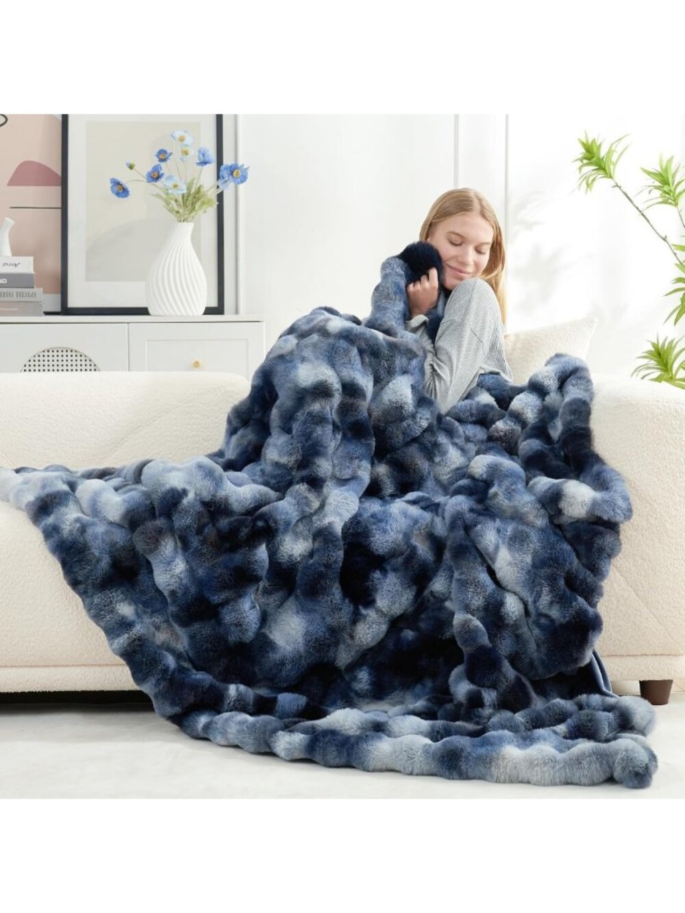 Cozy Tie-Dye Blue Faux Fur Throw Blanket for Couch, Soft & Warm, 50x60 Inches